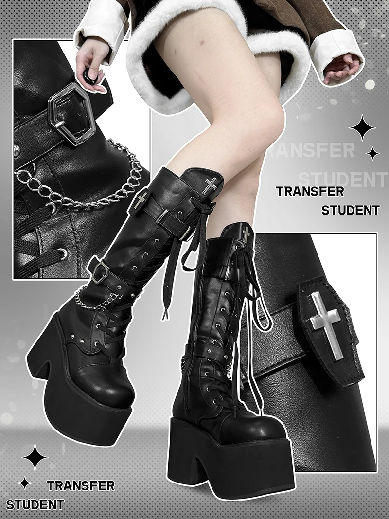 Dophee Original Punk Styles Thick Soled Boots Women Round Toe Gothic Y2k High Barreled Knight Boots Cross Subculture