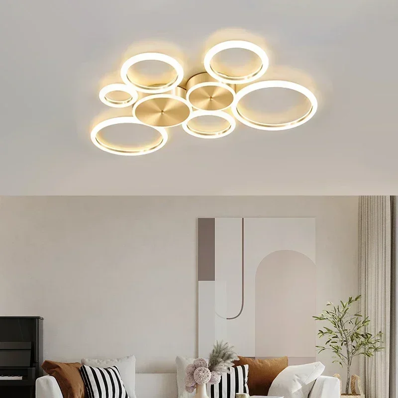 Modern LED Ceiling Chandelier Aluminum Simple Ceiling Lamp For Living Room Bedroom Dining Room Circle Rings Golden Ceiling Light