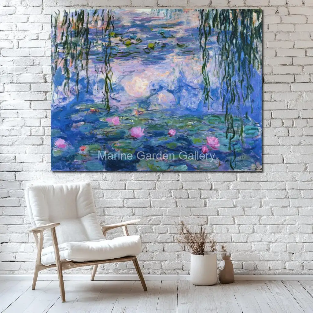Romantic Contemporary Canvas Masterpiece Handmade Claude Monet Painting Water Lilies Nympheas Landscape Wall Decor for Bathroom