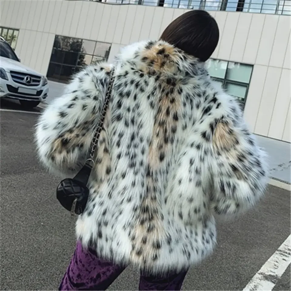 Abrigo de piel sintética de visón con estampado de leopardo para mujer, chaqueta de bombardero de piel de zorro de imitación de felpa con cuello