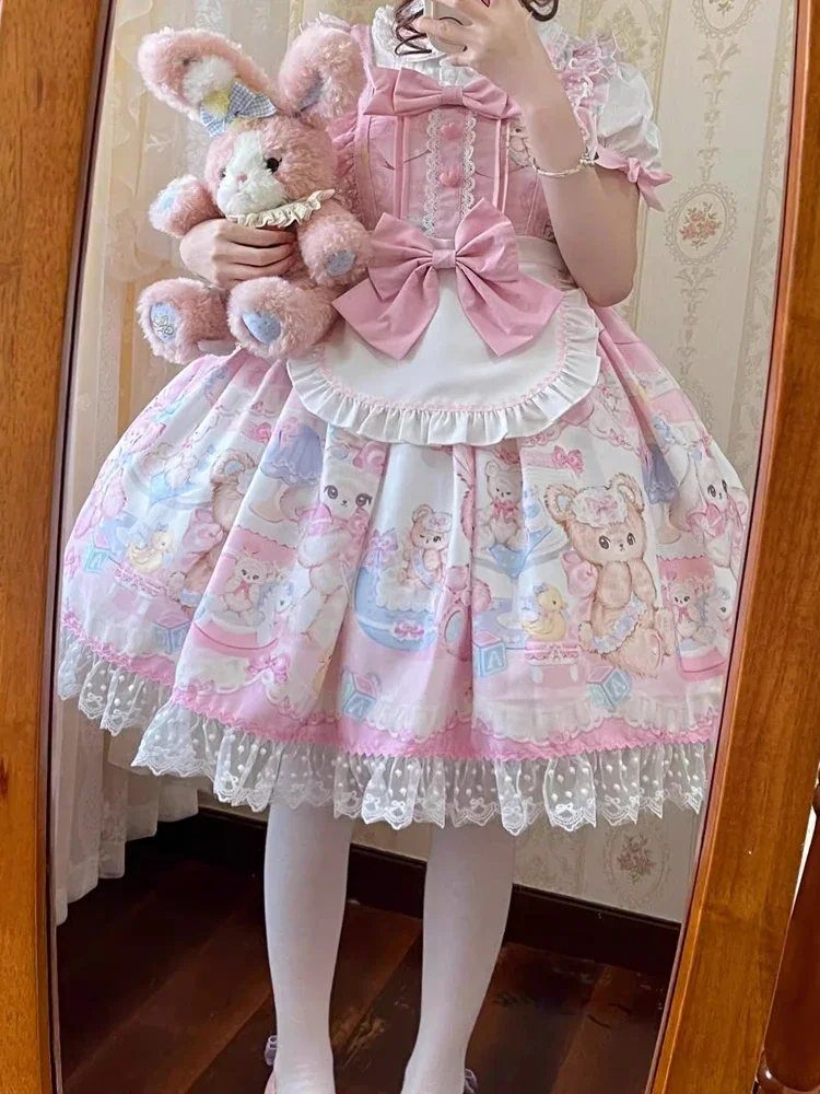 Kawaii Lolita Ruffles Apron Camisole Dress Sweetheart Princess Cartoon Printing Bow Vitality Girly Loli Mini Dresses