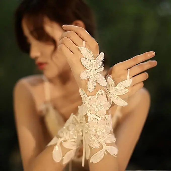 

Lace Applique Wedding Gloves Fingerless with Floral Elbow Length Bride Sleeves Women Bridal Accessory Sotck