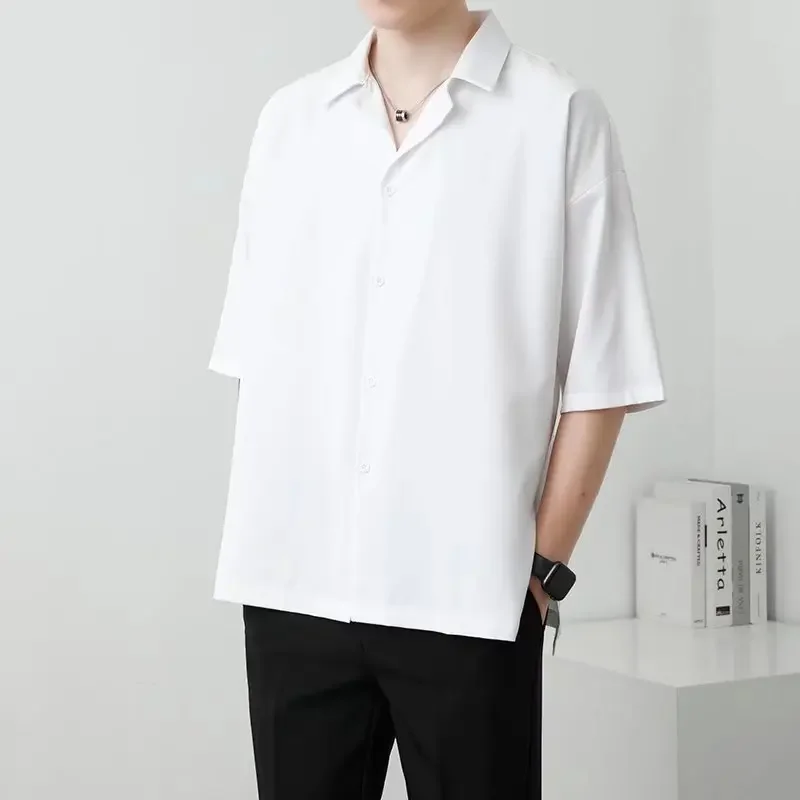 Summer Short Sleeve Shirt Men Korean Fashion Casual Baggy White Shirts Male Tees Trendy Youth Button Top Streetwear