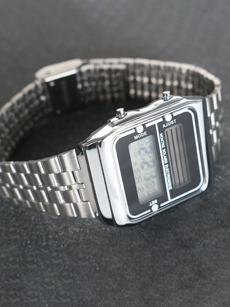 ساعة رياضية للزوجين على الموضة للنساء بحزام من الفولاذ المقاوم للصدأ وساعة رقمية للنساء والرجال وساعة إلكترونية متعددة الوظائف