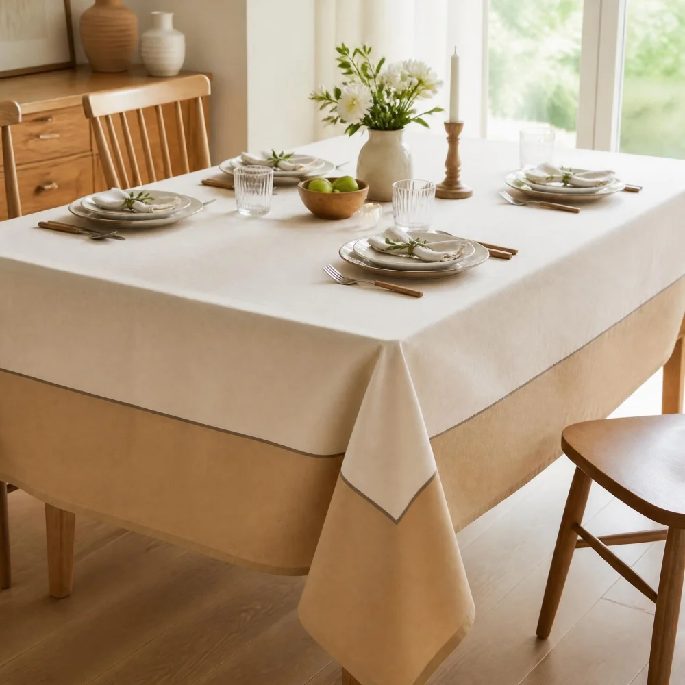 Two Tone White Khaki Spliced Edge Tablecloth Non Waterproof Fabric Rectangular Tablecloth for Dining Daily Home Decoration