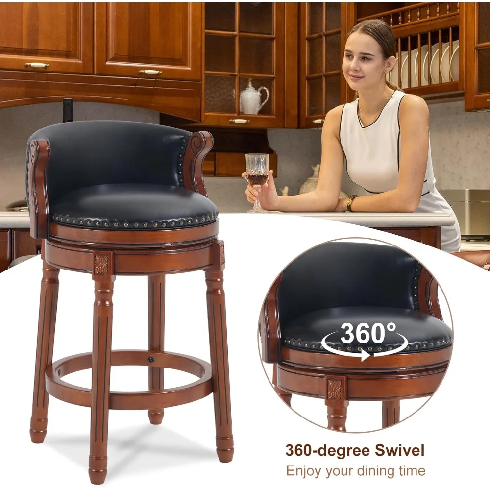 Leather-Cushioned Swivel Bar Stools with Backrest and Footrest, Rubberwood Counter Height for Home and Kitchen Use