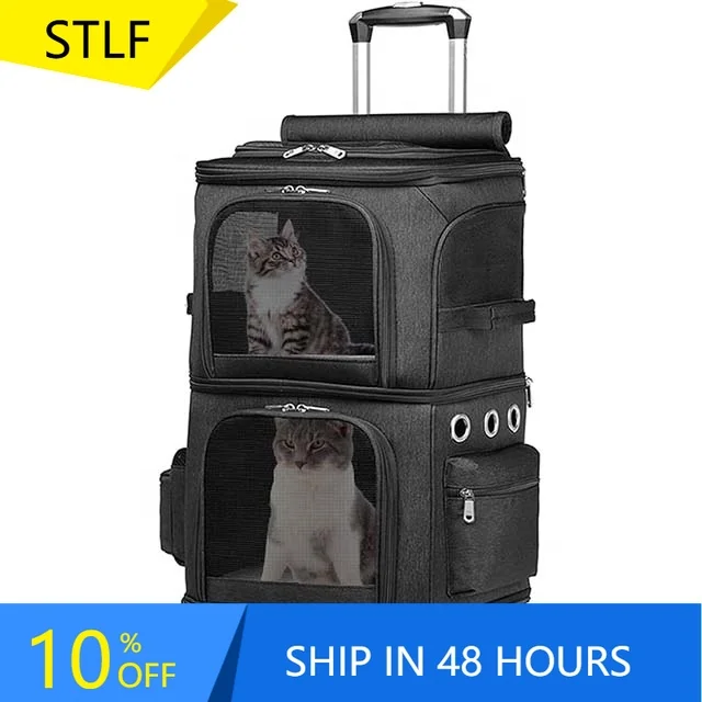 

STLFDouble-Compartment Pet Carrier Backpack With Wheels for Small Cats and Dogs Rolling Carrier for 2 Cats Perfect for Travelin