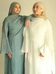 Eid Women Double Layers Dress Abaya Muslim Long Robe Jalabiya Ramadan Solid Pleated Vestidos Largos Islam Party Dresses Arab
