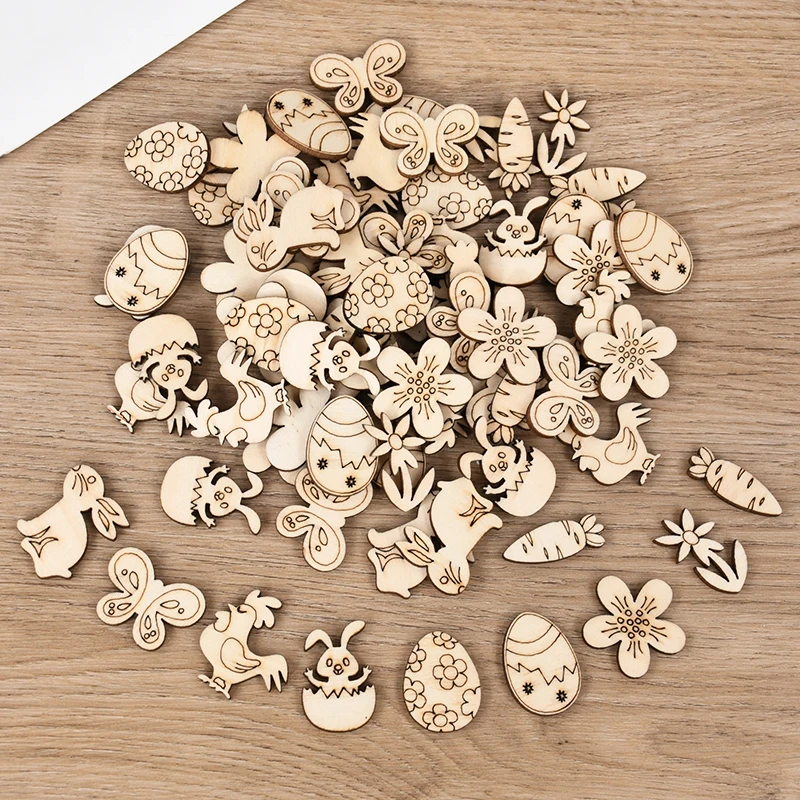 50/100 Stück Ostern Holzhandwerk Ornament Kaninchen Eier Kinder Malerei DIY Holzscheibe 2025, Frühling Ostern Party Home Tischdekoration – Detail 1