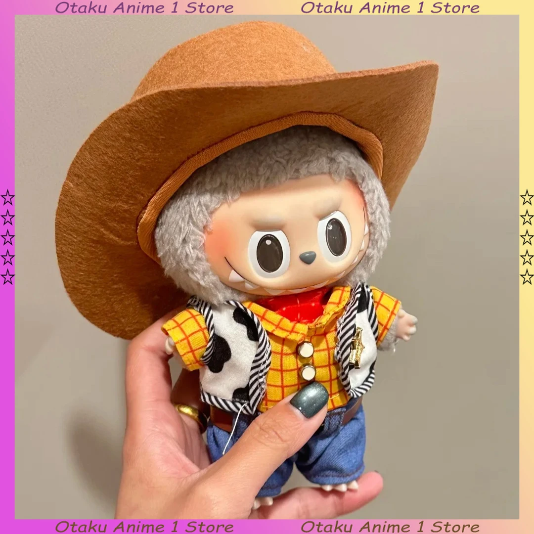

Cartoon Labubu Doll Clothes West Cowboy Outfit with Cowboy Hat Mini Plush Doll Clothing Fashion Doll Accessories Gift