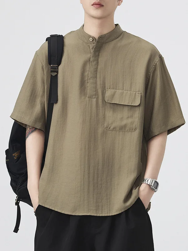 Men Summer Japanese Style Retro Cotton Linen Short-sleeved Casual Shirts Male Vintage Fashion Thin Pocket Solid Color Cloth