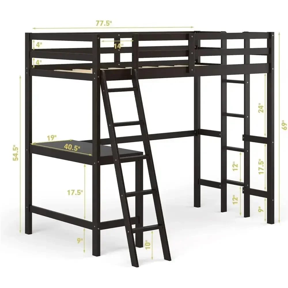 Twin Size Wooden Loft Bed with Guardrail and Double Ladders, Suitable for Kids, Teens, and Adults, Space-Saving, Easy to Assembl