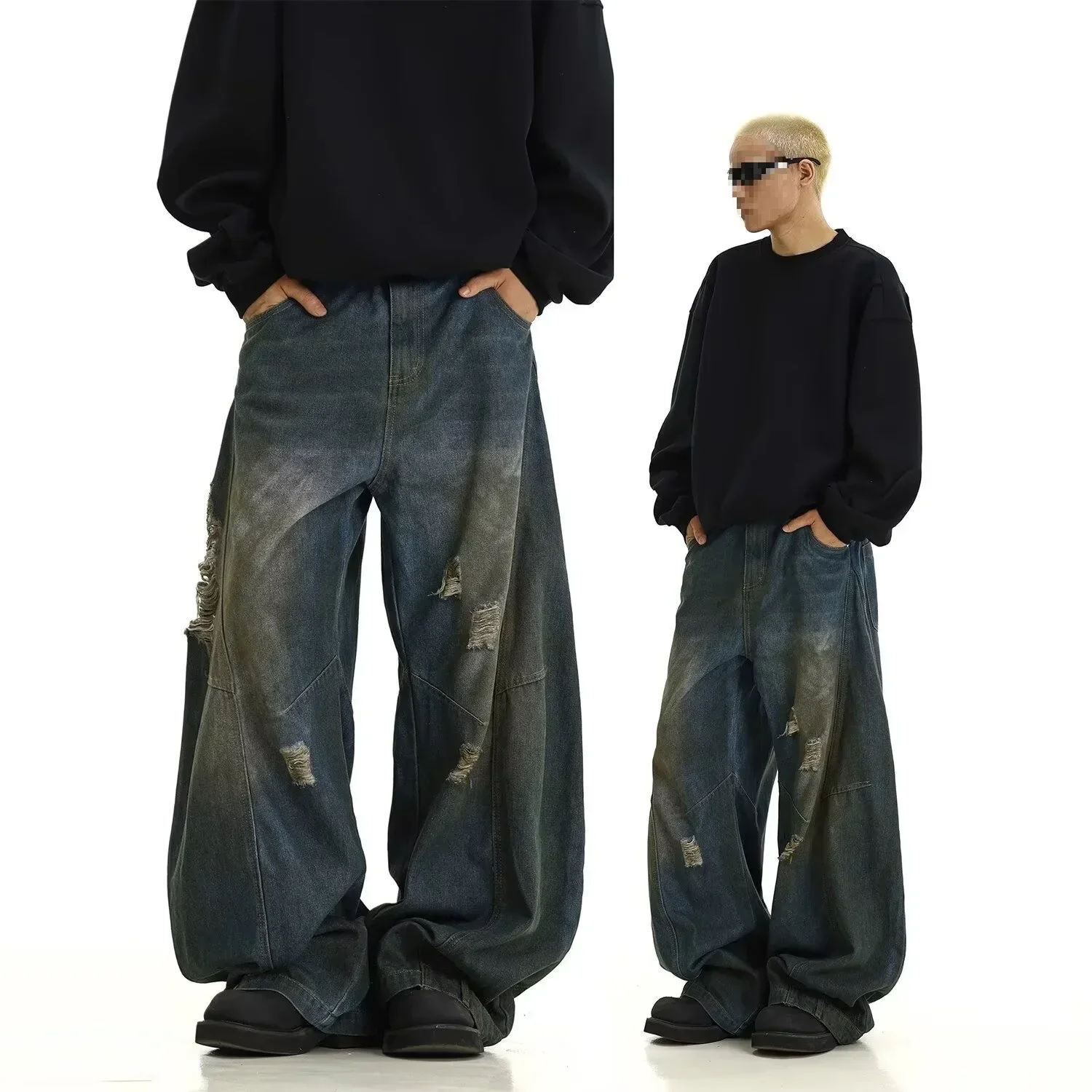 

Pop Retro American Washed Distressed Jeans Loose Wide Leg Pants For Men And Women Torn Ground Long Pants Casual Trendy Brand