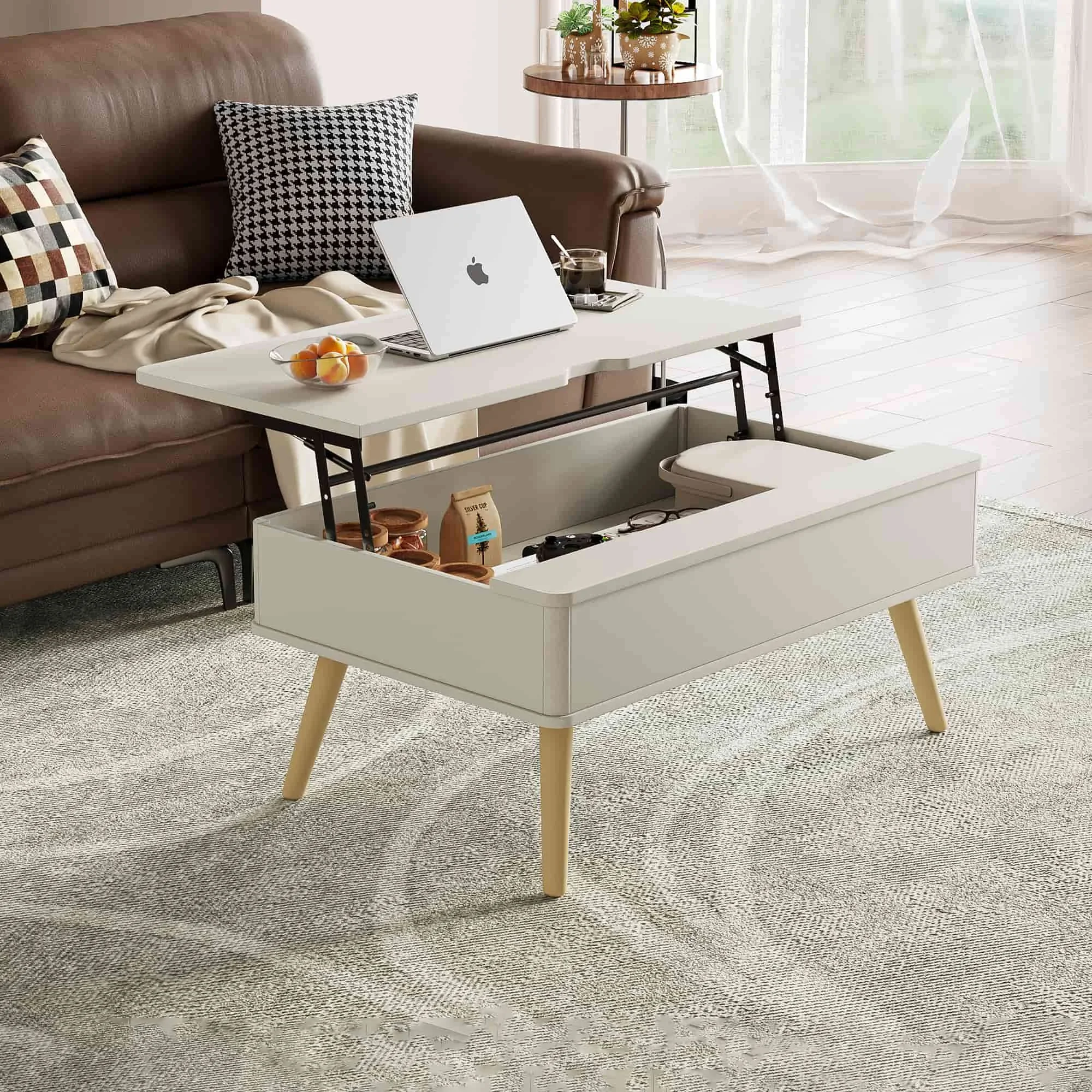 White Coffee Table Multifunctional Living Room Storage Furniture, Elegant Design Lift Top Center Table for Small Spaces