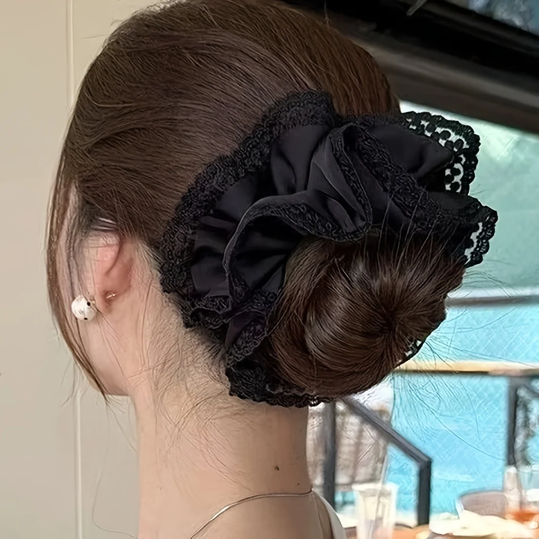 1 élastique à cheveux en dentelle brodée noire, style français doux et sexy, chouchou en dentelle brodée, élastique à cheveux durable double couche pour queue de cheval, accessoire capillaire personnalisé