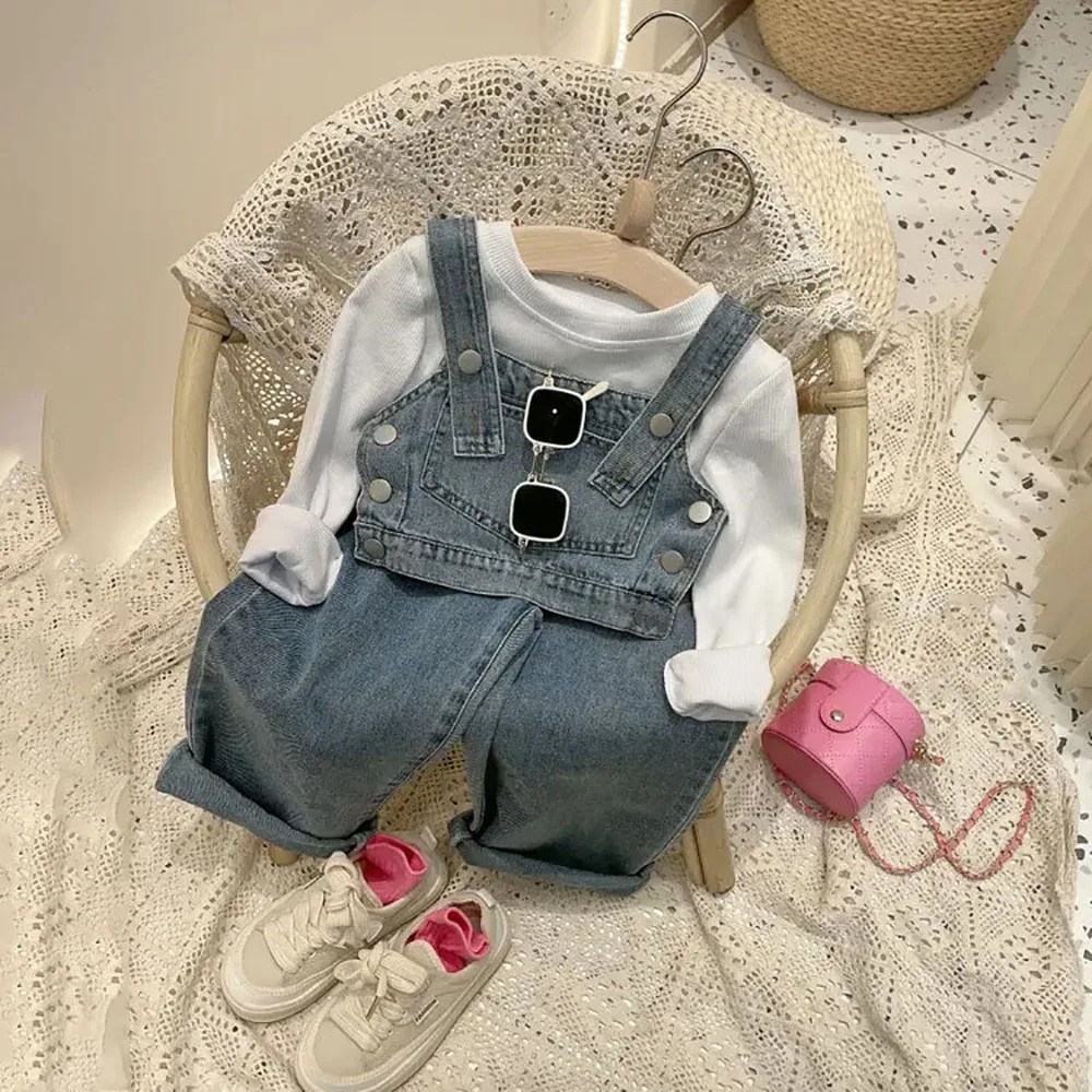 Girls Fashion Denim Set 2024 Spring Autumn New Korean Children\'s Tank Tops + High Waist Loose Wide Leg Jeans 2Pieces Suit