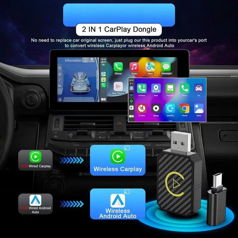 

Wireless Carplay Android Auto Adapter 2 in 1 Mini Box Plug&Play Wireless Dongle BT WiFi for Wired CarPlay/Andriod Auto Cars