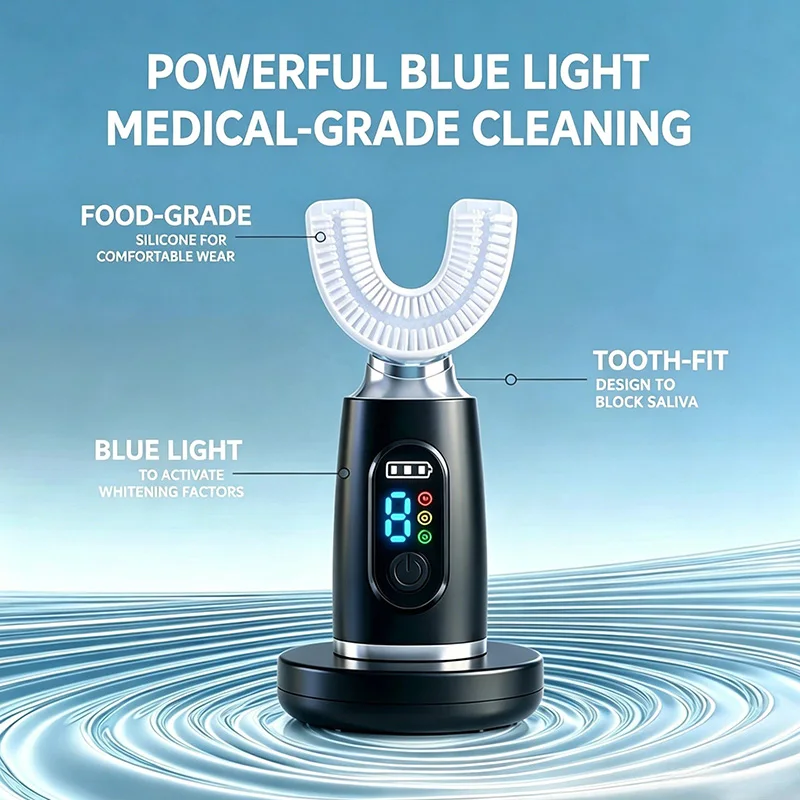 Smart U‑Shaped Sonic Toothbrush, Hands‑Free Silent Vibration, Waterproof Portable, Replaceable Brush Head, Tongue Scraper