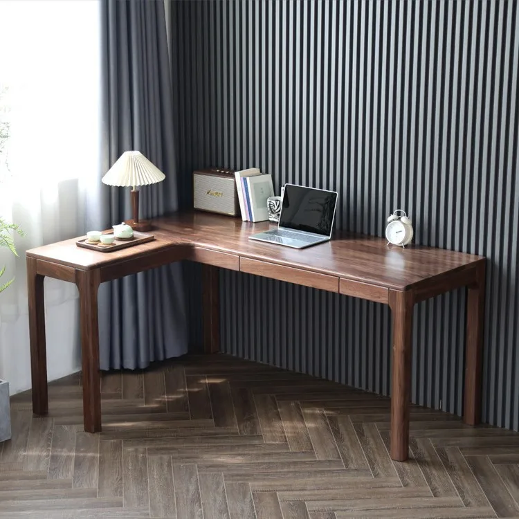 Black walnut solid wood corner desk, desk computer desk, corner L-shaped long narrow bay window, small apartment integrated