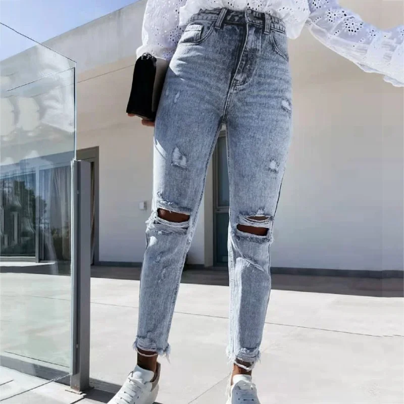 Women Button High Waist Pocket Elastic Hole Pants 2024 Ladies Ripped Stretch Slim Fit Jean Trousers Casual Denim Pant Streetwear