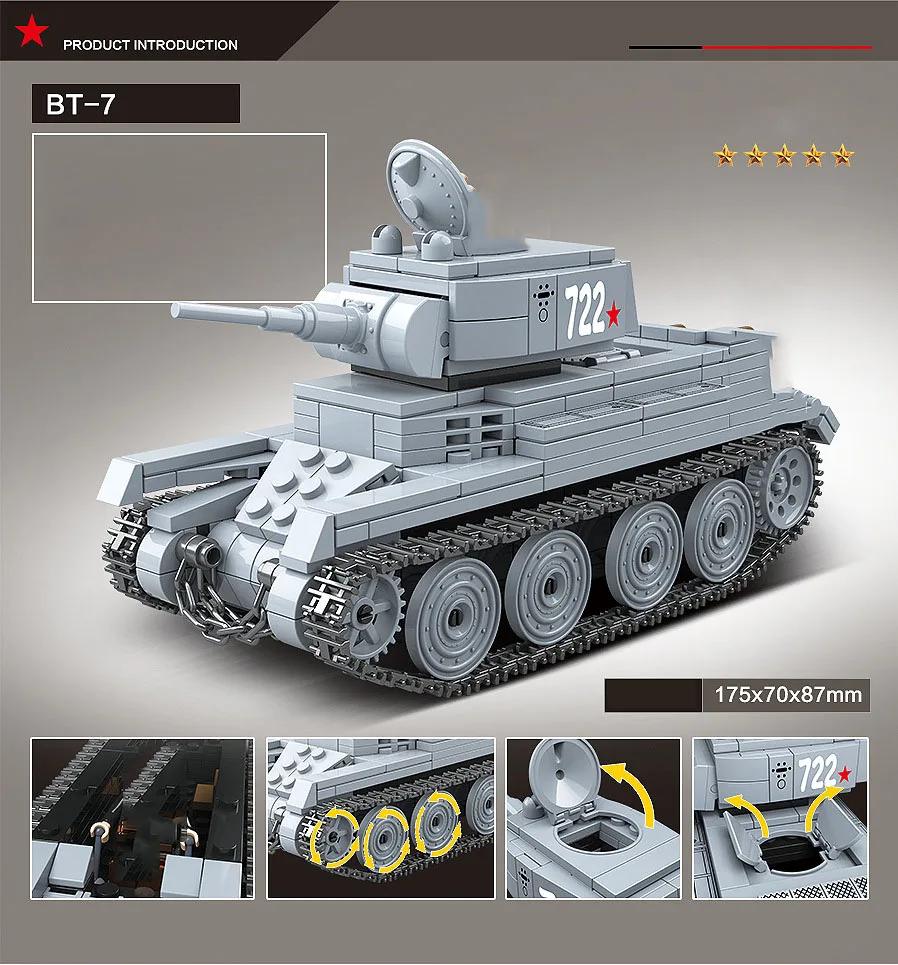 World War Soviet Union BT-7 Light Cavalry Tank Military Model Building Block WW2 Army Forces Figure Vehicle Brick Toy Collection