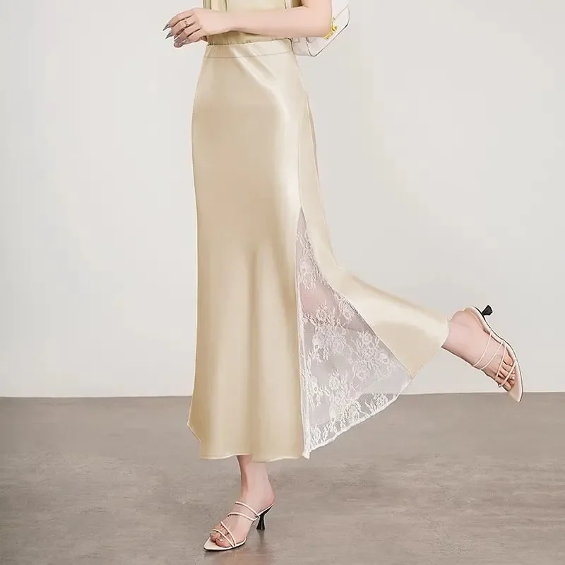 Women's Elegant Solid Satin Patchwork Lace Skirt Summer New Versatile Fake Two Piece Office Skirt