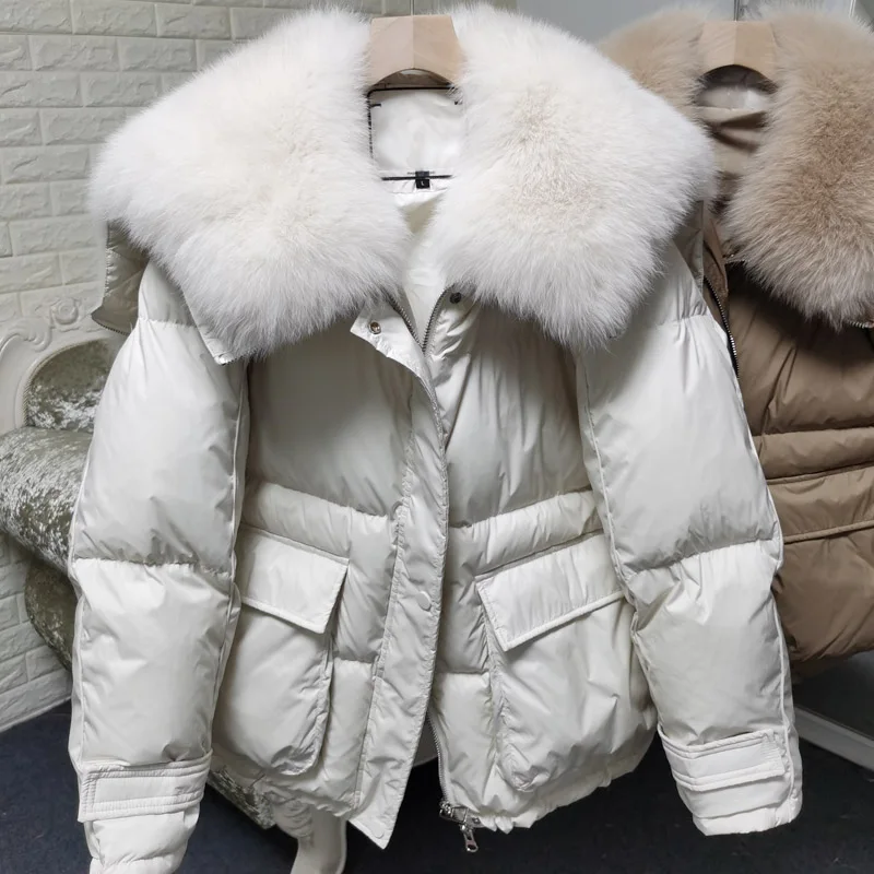 

2024 Maomaokong loose Real Fox Fur Collar White Duck Down Jacket Women Winter Luxury Puffer Coat Oversize Feather Outwear