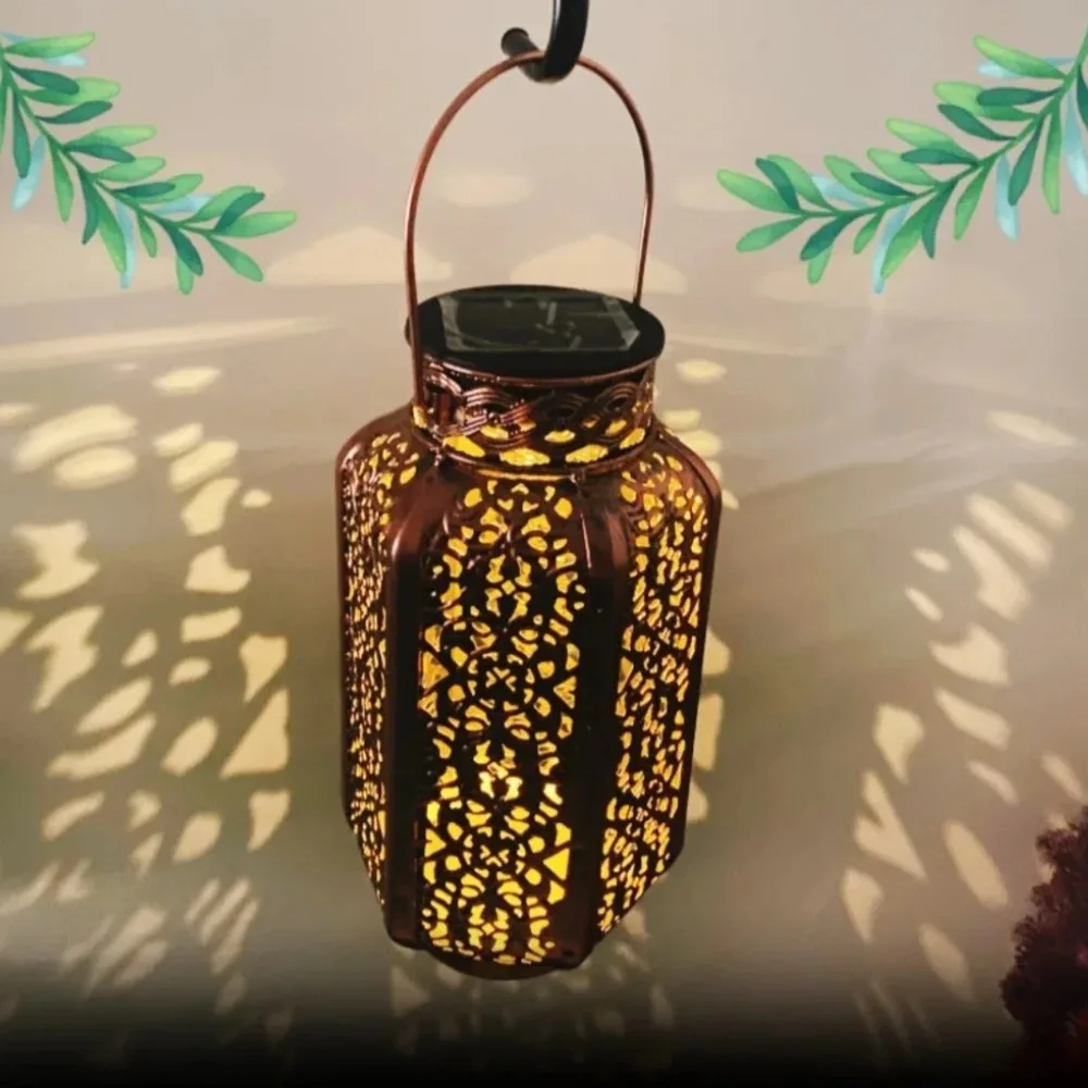 Solar Powered Retro Hanging Lantern Hollow Cutout Projection Lamp Waterproof Outdoor Light for Patio Yard Garden Decor