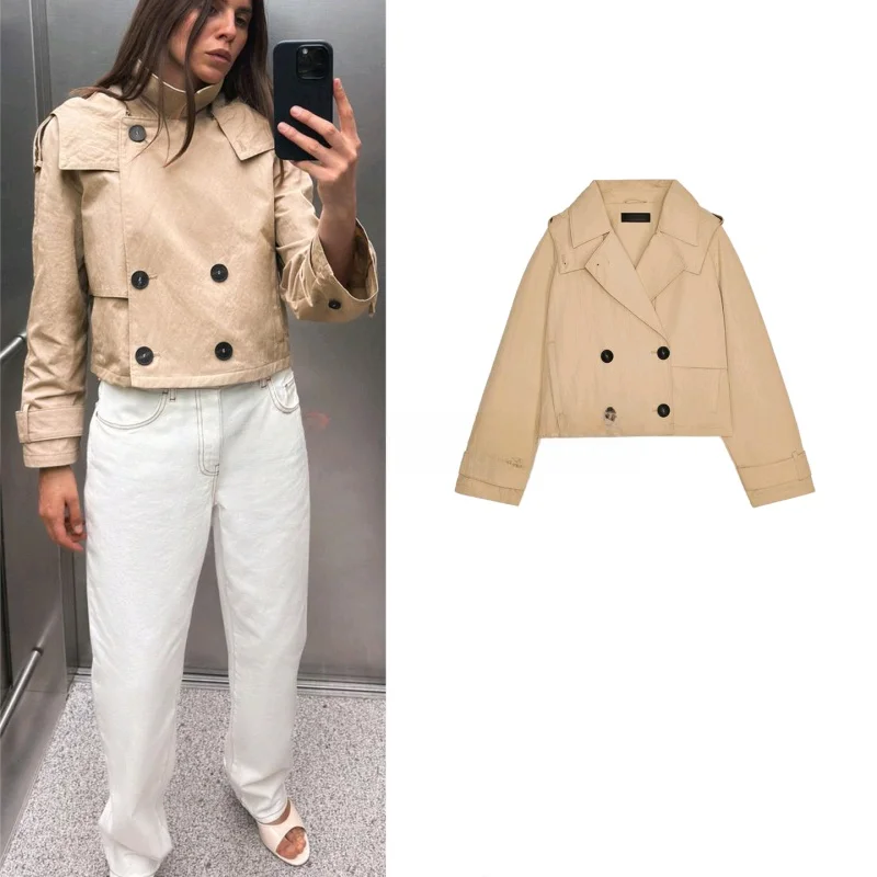 

Spring New Arrival Women's Short Coat with Hood Long Sleeve Turn-down Collar Double-breasted Polyester Fiber Commute Style