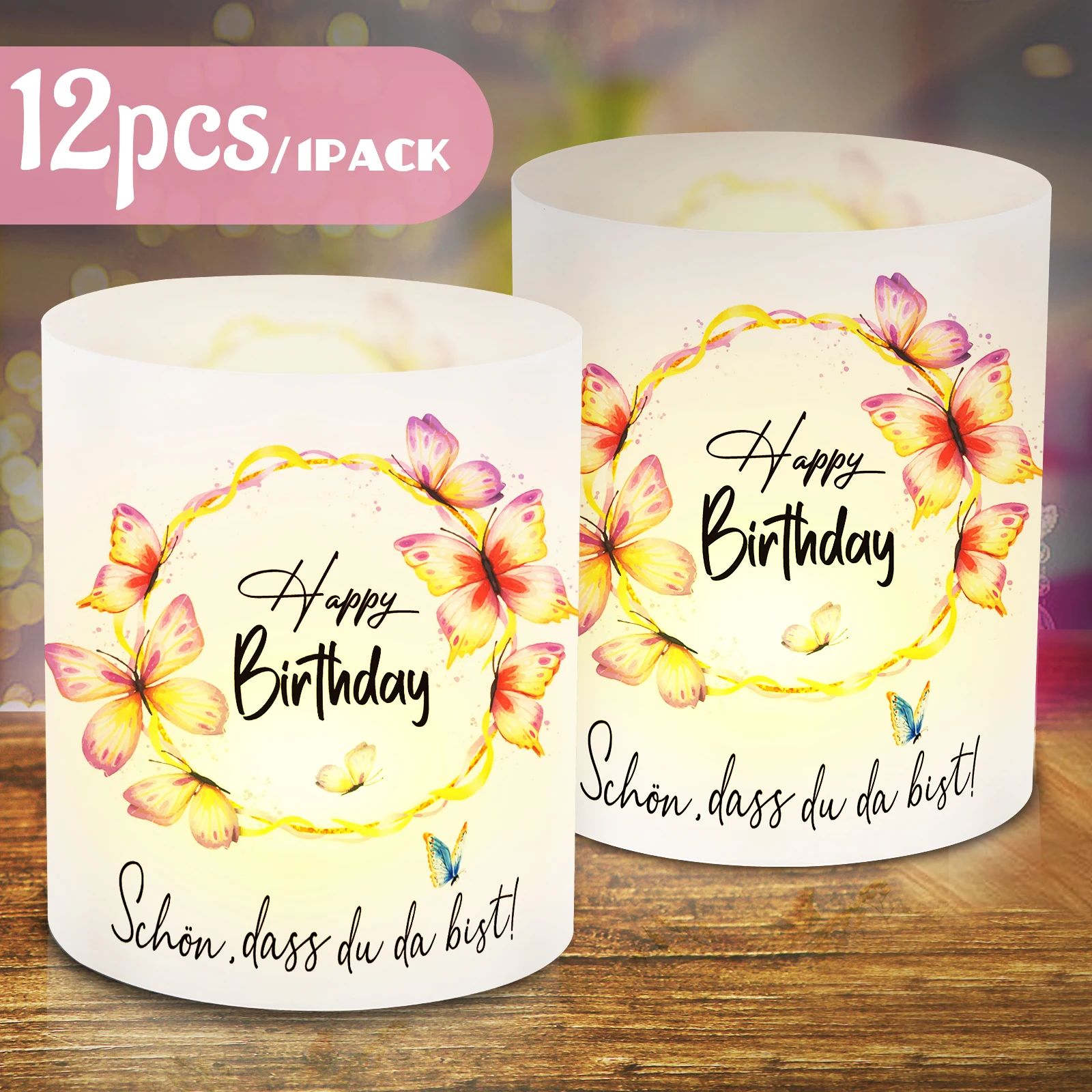 12 Stück Schmetterlings-Kerzenhalter „Happy Birthday“ – perfekt für Party-Tischdekoration, Kranz und Themenfeiern,