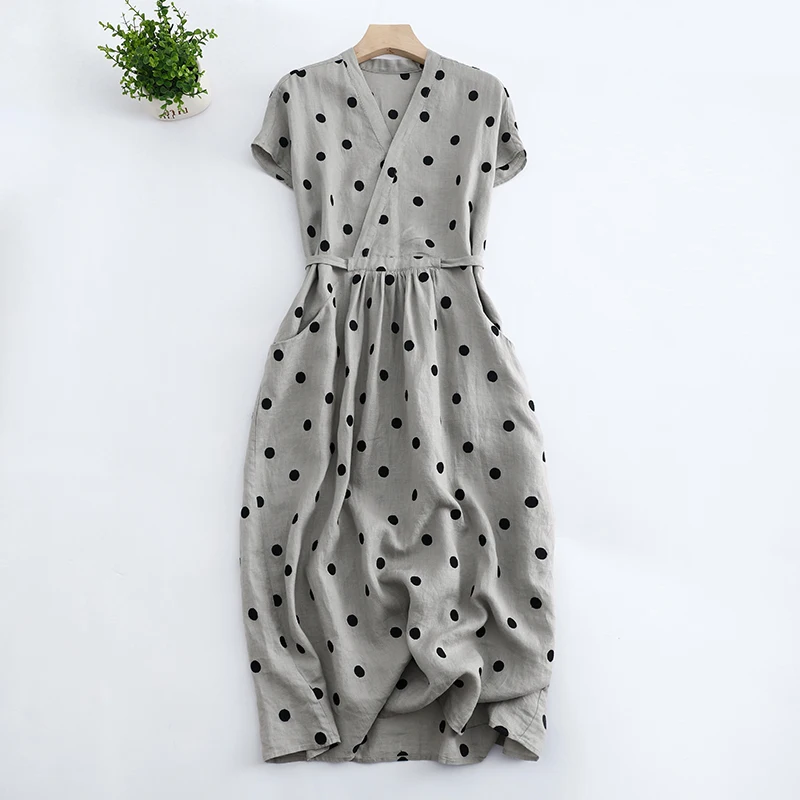 

Ele Polka Dot Print Cotton Lin ort Sve Женское платье V Ne Slim Fit a Line Long Dr Высокая талия для поездок на работу Sle Summ...