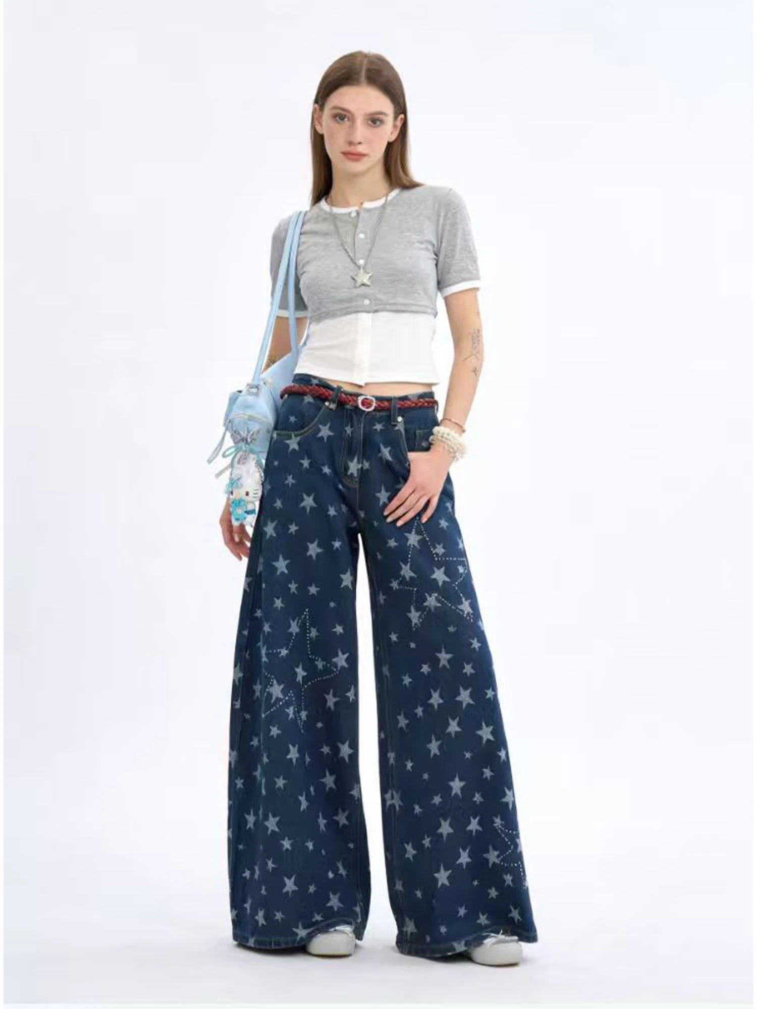 

Женские синие джинсы Y2K с широкими штанинами, винтажные, со стразами в виде звезд, в стиле Харадзюку, выбеленные, свободные, широкие джинсовые брюки для женщин 2026