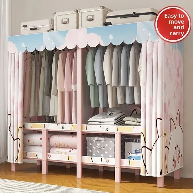 No Assembly Freestanding Girls Wardrobe Bedroom Thickened Steel Tubing Reinforced Princess Style Storage Cabinet Furniture