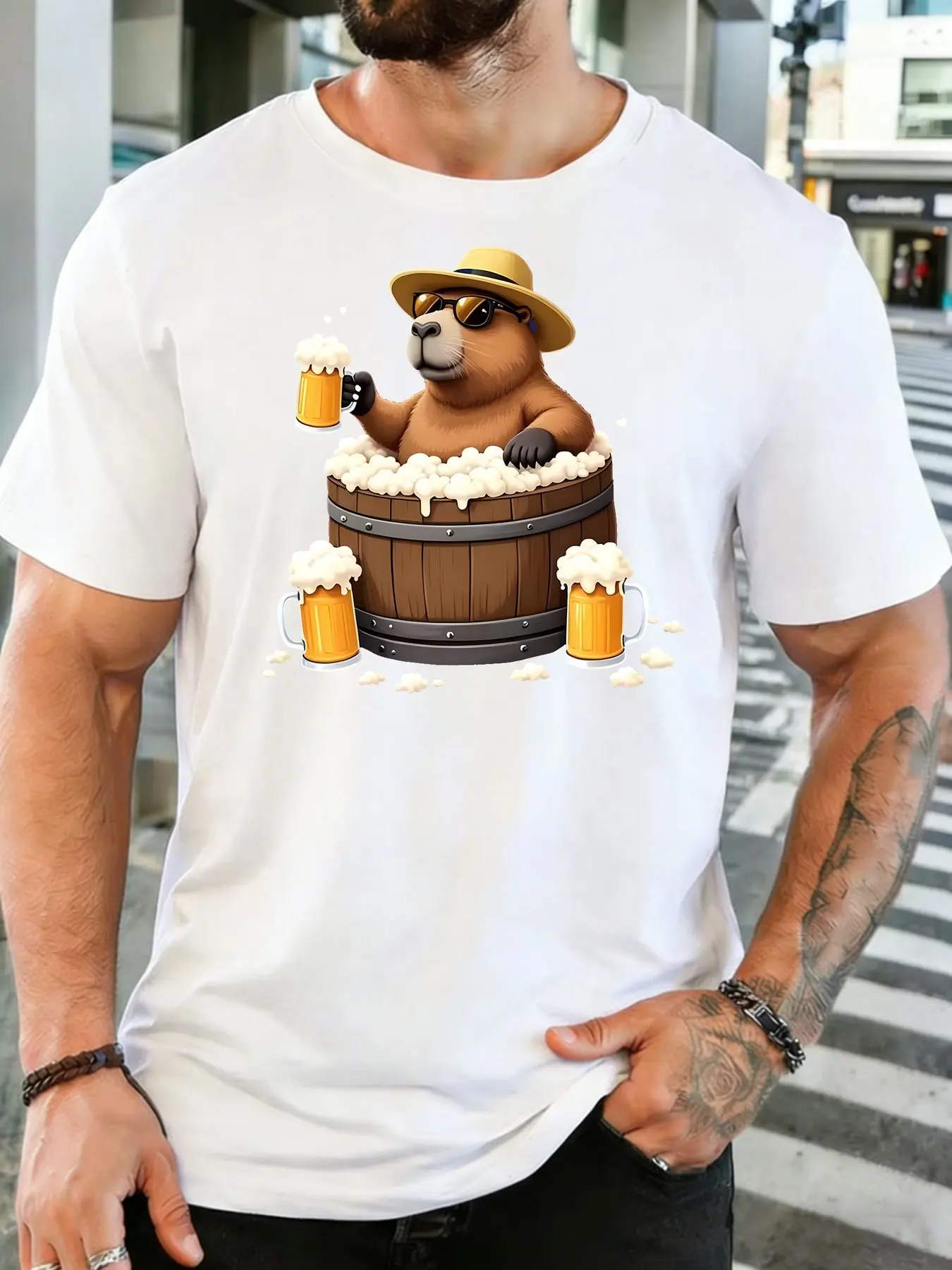 Cowboy Capybara Beer Barrel Cartoon Graphic Mens Crew Neck Short Sleeve Cotton T Shirt Beer Lover Animal Print Male Casual Tee