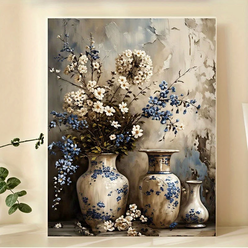 Vintage Blue and White Floral Canvas Print – Rustic Farmhouse Wall Art with Blue Hydrangeas and White Daisies, Unique Decor for
