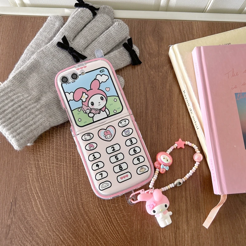 3D Cute Cartoon Sanrio Kuromi  Melody Phone Case For Samsung Galaxy Z Flip 6 5 Soft TPU Cover For Z Flip 3 4 With Lanyard