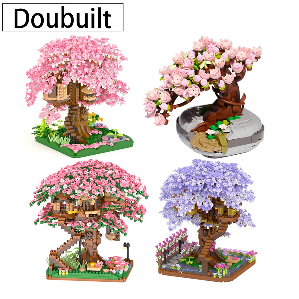 Doubuilt Mini Sakura Tree House Build Block Colour Changeable Block Bouquet Girls Toys Kid Brick Model Christmas Gifts