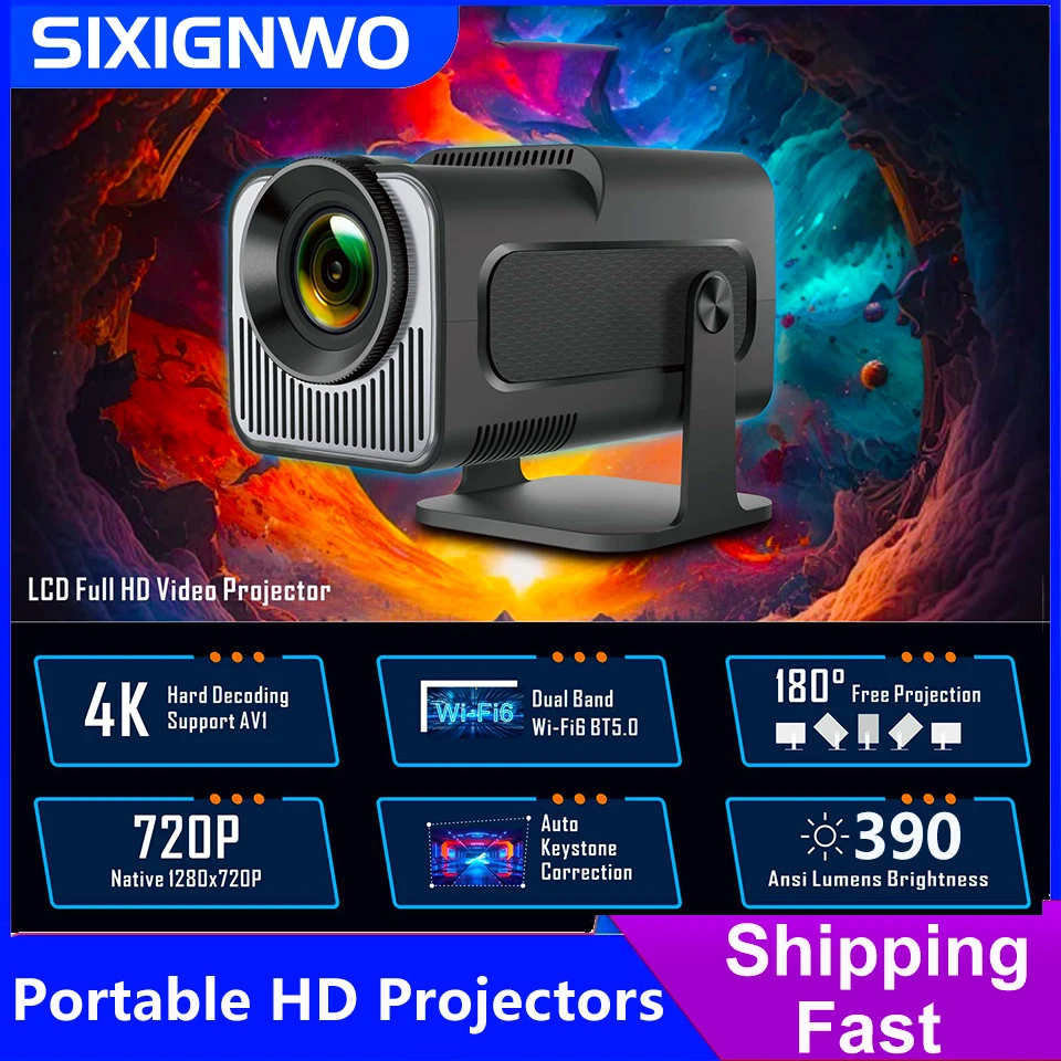 

Android 11 390ANSI HY320 Проектор Поддержка 4K Native 1080P Dual Wi-Fi6 BT5.0 Кино Открытый Портативный проектор 720P Обновленный HY300