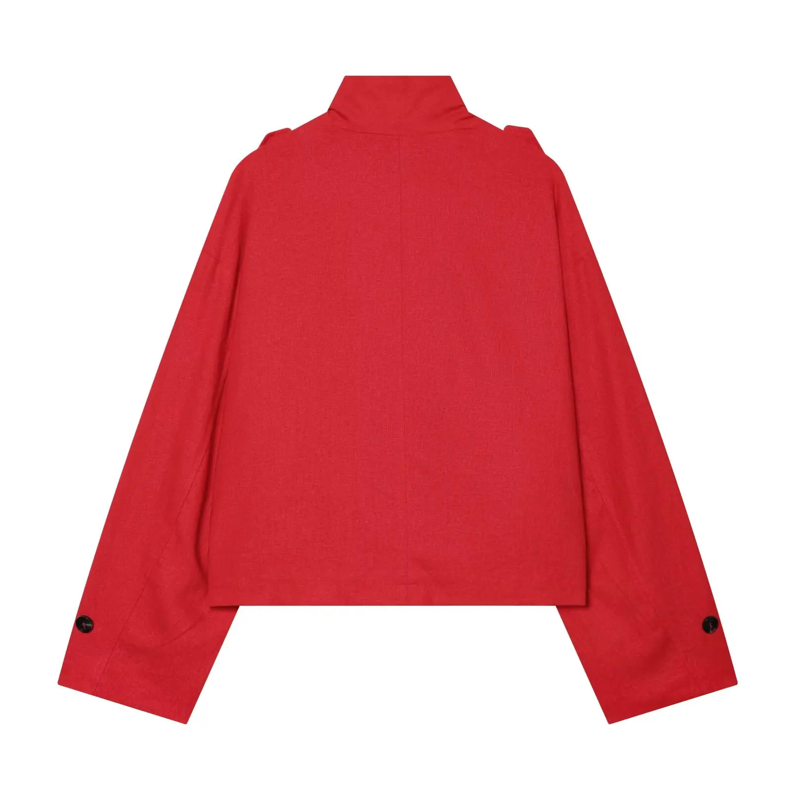 BSAY 2026 New Women's Red Stand Collar Single Breasted Epaulet Design Jacket Long Sleeve Loose Fit Casual Streetwear Short Coat