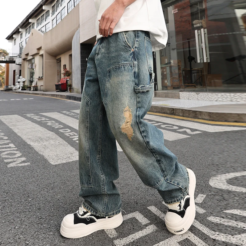 

Мужские американские винтажные рваные свободные прямые джинсы высокого качества, джинсовые брюки-карго, уличная одежда в стиле хип-хоп, модные мужские брюки