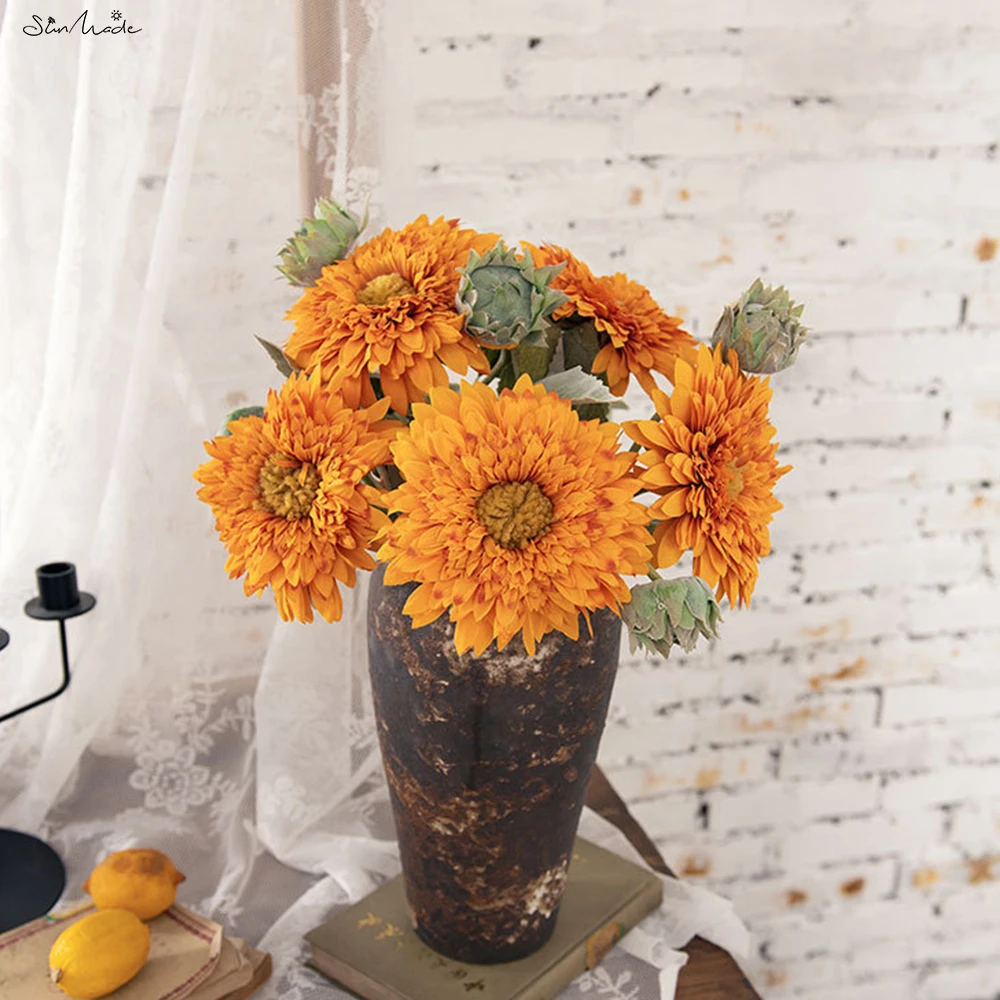 SunMade Vintage Sunflower Branch Home Garden Decorations Fleurs Artificielles Autumn Decor Fake Flowers Wreath Wedding Bouquet