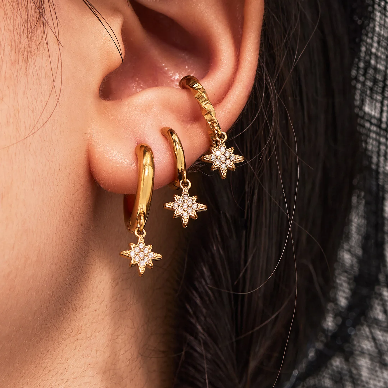 Small niche design Earrings Hexagram zircon pendant earrings, stainless steel plated with 18K real gold, non-fading ear jewelry