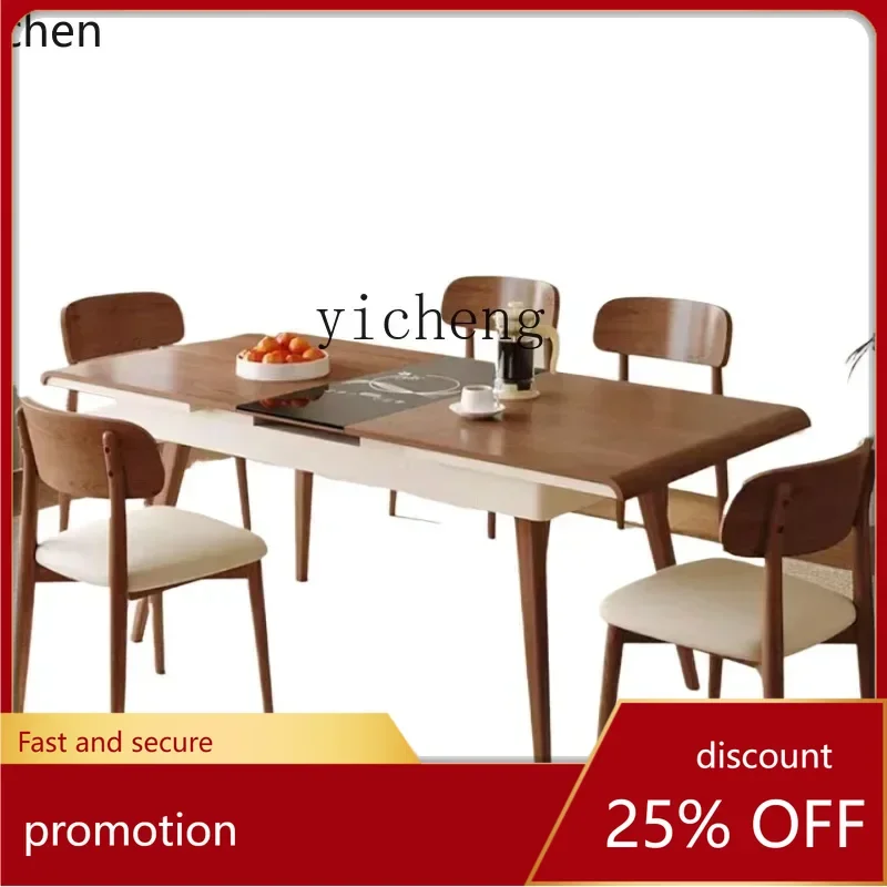 

HXL Solid Wood Dining Table with Induction Cooker Integrated Household Apartment Rectangular Dining Table