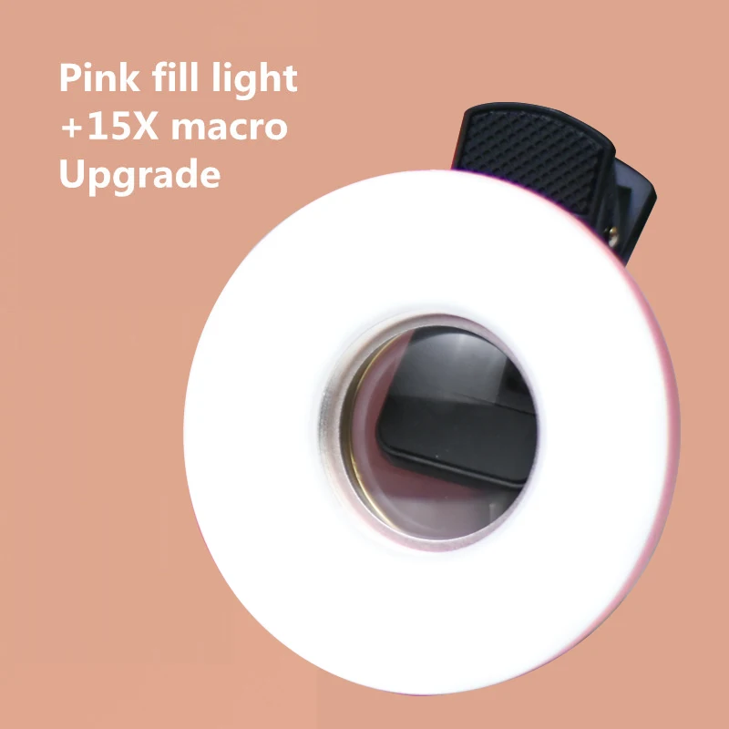 Macro Lens for Mobile 15X Fill Ring Light Selfie Live Lamp Camera Lens with LED Universal Flash Smartphone Portable Light Clip