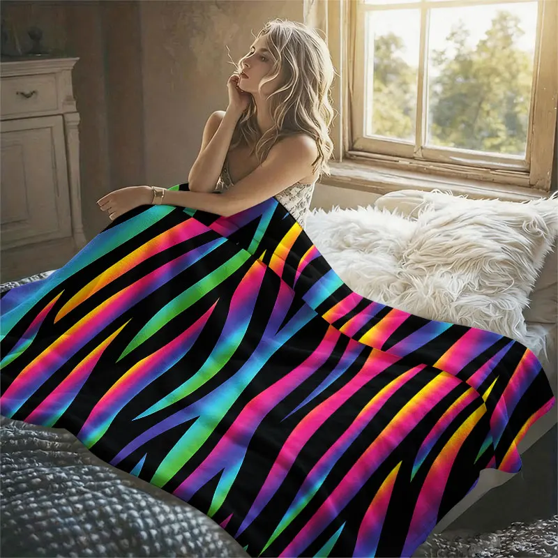 Rainbow Zebra Stripes Flannel Blanket Warm Soft Halloween Christmas Decorative Couch Warm Cozy All-Season Gift