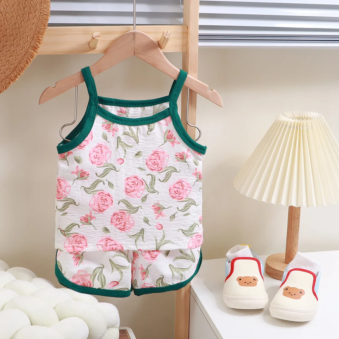 Summer Children Sling Shorts Set Fashion Flower Girls Kids Thin Breathable Pajamas Cute Cartoon Baby Toddler Home Clothes image 2