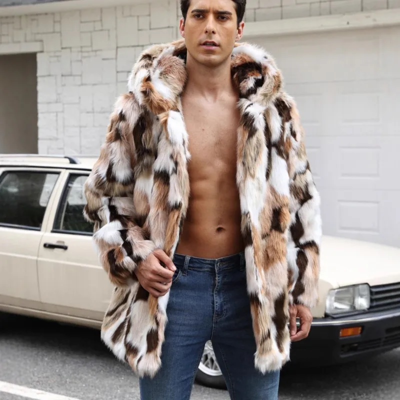 

2025 Mid-Length Hooded Faux Fur Coat Colorful Leopard Print Color Block Design Warm Thicken Soft Fluffy Fur Mens Outerwear Top