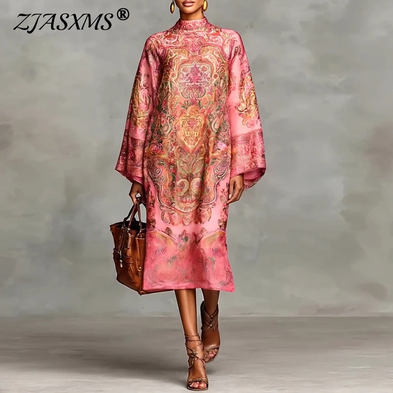 Vintage Ethnic Pattern Print A-Line Party Dress Woman Spring Elegant O Neck Long Dresses Autumn Flare Sleeve Bohemian Maxi Dress