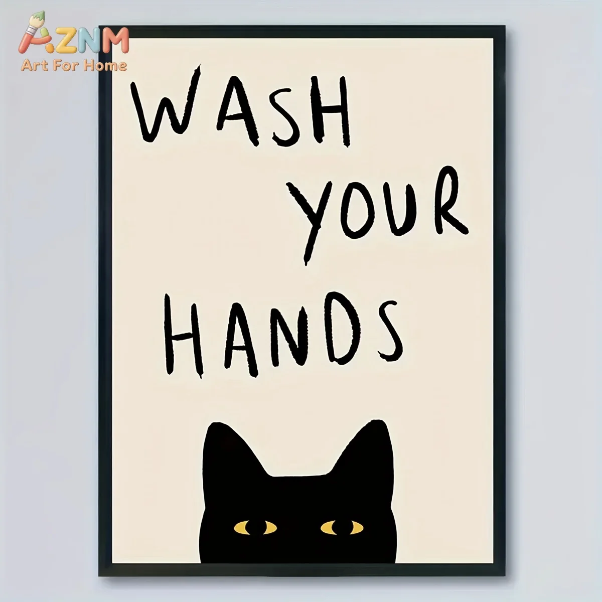 AZNM Funny Black Cat Canvas Print Wash Your Hands Simple Text Minimalist Neutral Beige Cute Animal Bathroom Aesthetic Wall Decor