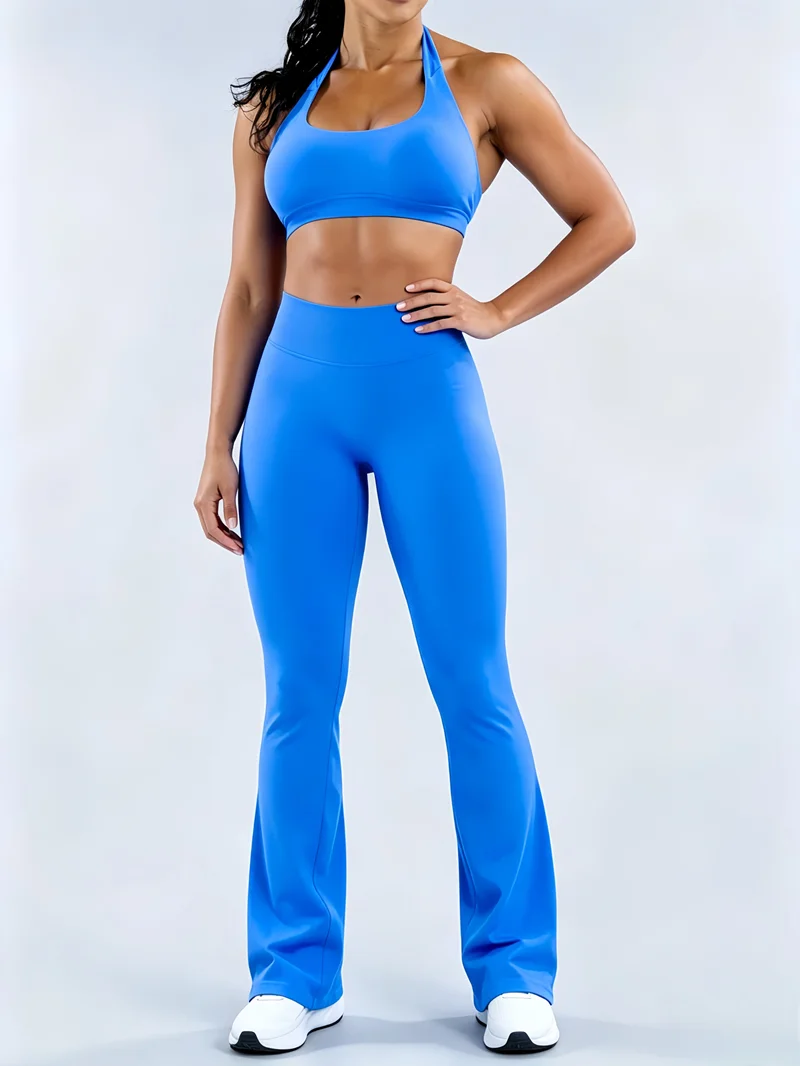 2Pcs HISTELLO Sports Set Women Seamless Halter Neck Yoga Bra Hip Lifting Gym Flare Leggings Body Shaping Fitness Workout Suit